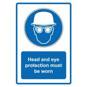 Aufkleber Gebotszeichen Piktogramm & Text englisch · Head and eye protection must be worn · blau | stark haftend (Gebotsaufkleber)