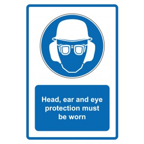 Schild Gebotzeichen Piktogramm & Text englisch · Head, ear and eye protection must be worn · blau (Gebotsschild)