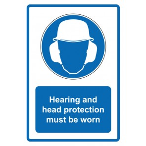 Schild Gebotzeichen Piktogramm & Text englisch · Hearing and head protection must be worn · blau (Gebotsschild)