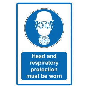 Aufkleber Gebotszeichen Piktogramm & Text englisch · Head and respiratory protection must be worn · blau | stark haftend (Gebotsaufkleber)