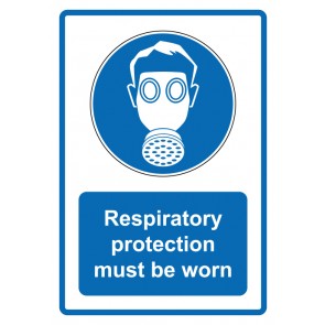Schild Gebotszeichen Piktogramm & Text englisch · Respiratory protection must be worn · blau | selbstklebend (Gebotsschild)