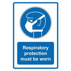 Aufkleber Gebotszeichen Piktogramm & Text englisch · Respiratory protection must be worn · blau (Gebotsaufkleber)