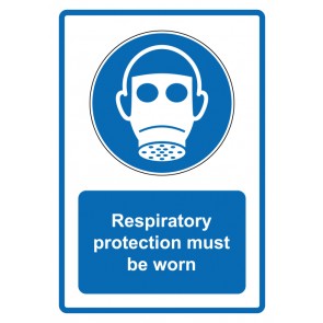 Schild Gebotszeichen Piktogramm & Text englisch · Respiratory protection must be worn · blau | selbstklebend (Gebotsschild)
