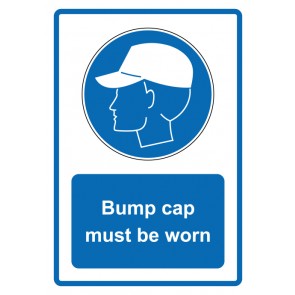 Schild Gebotzeichen Piktogramm & Text englisch · Bump cap must be worn · blau