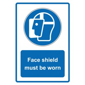 Schild Gebotzeichen Piktogramm & Text englisch · Face shield must be worn · blau