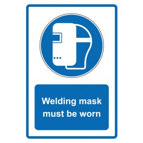 Aufkleber Gebotszeichen Piktogramm & Text englisch · Welding mask must be worn · blau | stark haftend (Gebotsaufkleber)