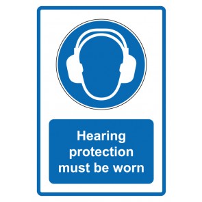 Schild Gebotzeichen Piktogramm & Text englisch · Hearing protection must be worn · blau (Gebotsschild)