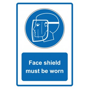 Schild Gebotzeichen Piktogramm & Text englisch · Face shield must be worn · blau