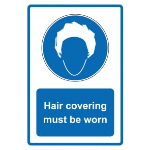 Schild Gebotzeichen Piktogramm & Text englisch · Hair covering must be worn · blau