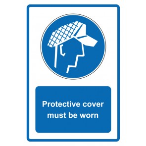 Aufkleber Gebotszeichen Piktogramm & Text englisch · Protective cover must be worn · blau | stark haftend (Gebotsaufkleber)
