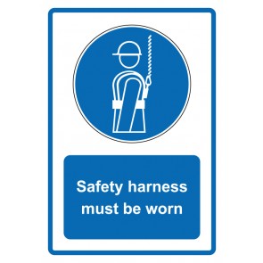 Schild Gebotzeichen Piktogramm & Text englisch · Safety harness must be worn · blau (Gebotsschild)