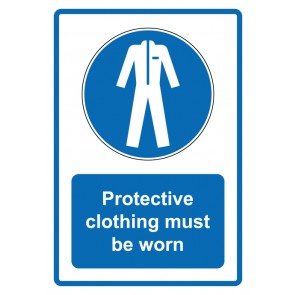 Schild Gebotzeichen Piktogramm & Text englisch · Protective clothing must be worn · blau (Gebotsschild)