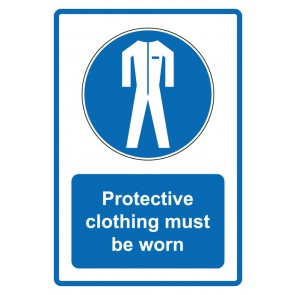 Schild Gebotzeichen Piktogramm & Text englisch · Protective clothing must be worn · blau (Gebotsschild)
