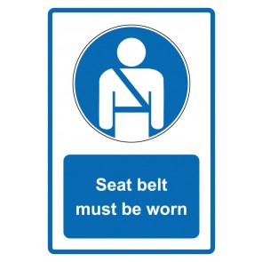 Schild Gebotzeichen Piktogramm & Text englisch · Seat belt must be worn · blau (Gebotsschild)