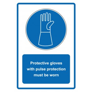 Schild Gebotszeichen Piktogramm & Text englisch · Protective gloves with pulse protection must be worn · blau | selbstklebend (Gebotsschild)