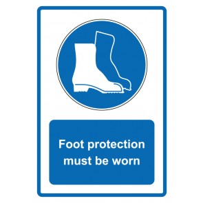 Aufkleber Gebotszeichen Piktogramm & Text englisch · Foot protection must be worn · blau | stark haftend (Gebotsaufkleber)