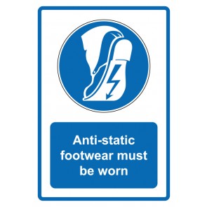 Aufkleber Gebotszeichen Piktogramm & Text englisch · Anti-static footwear must be worn · blau (Gebotsaufkleber)