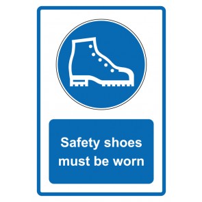 Schild Gebotzeichen Piktogramm & Text englisch · Safety shoes must be worn · blau (Gebotsschild)
