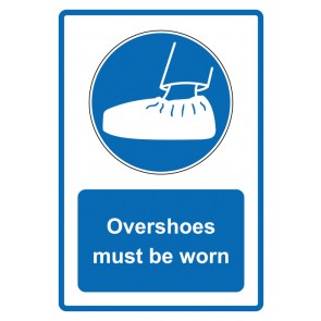 Aufkleber Gebotszeichen Piktogramm & Text englisch · Overshoes must be worn · blau (Gebotsaufkleber)