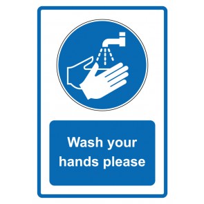 Aufkleber Gebotszeichen Piktogramm & Text englisch · Wash your hands please · blau (Gebotsaufkleber)