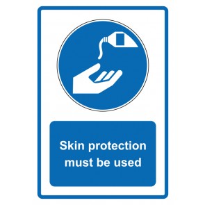 Schild Gebotszeichen Piktogramm & Text englisch · Skin protection must be used · blau | selbstklebend (Gebotsschild)