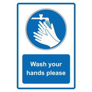 Aufkleber Gebotszeichen Piktogramm & Text englisch · Wash your hands please · blau | stark haftend (Gebotsaufkleber)