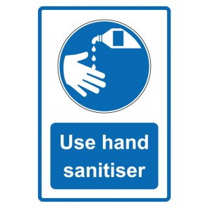 Schild Gebotzeichen Piktogramm & Text englisch · Use hand sanitiser · blau (Gebotsschild)