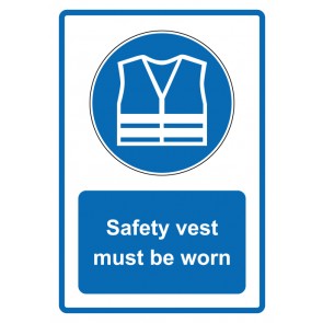 Schild Gebotszeichen Piktogramm & Text englisch · Safety vest must be worn · blau | selbstklebend (Gebotsschild)
