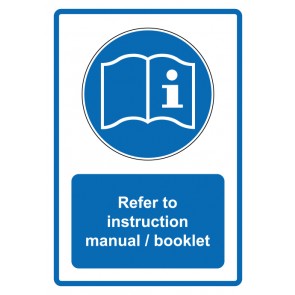 Schild Gebotzeichen Piktogramm & Text englisch · Refer to instruction manual / booklet · blau