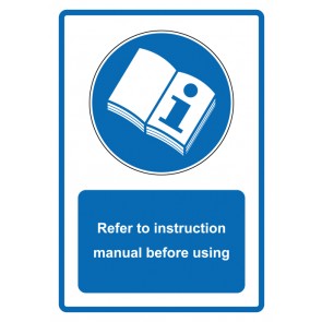 Aufkleber Gebotszeichen Piktogramm & Text englisch · Refer to instruction manual before using · blau (Gebotsaufkleber)