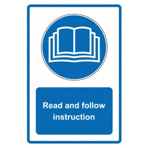 Schild Gebotzeichen Piktogramm & Text englisch · Read and follow instruction · blau