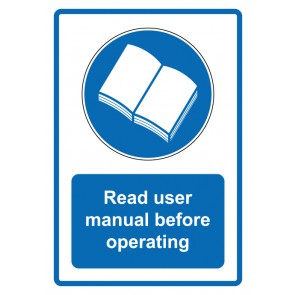 Schild Gebotzeichen Piktogramm & Text englisch · Read user manual before operating · blau