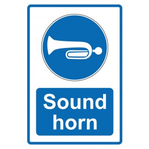 Schild Gebotzeichen Piktogramm & Text englisch · Sound horn · blau