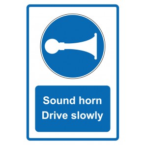 Aufkleber Gebotszeichen Piktogramm & Text englisch · Sound horn drive slowly · blau | stark haftend (Gebotsaufkleber)