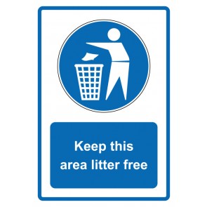 Schild Gebotzeichen Piktogramm & Text englisch · Keep this area litter free · blau