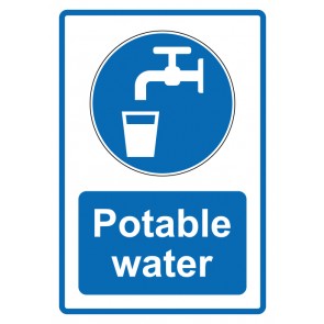 Schild Gebotzeichen Piktogramm & Text englisch · Potable water · blau