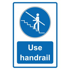 Aufkleber Gebotszeichen Piktogramm & Text englisch · Use handrail · blau | stark haftend (Gebotsaufkleber)