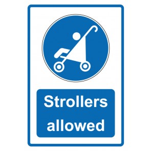 Schild Gebotszeichen Piktogramm & Text englisch · Strollers allowed · blau | selbstklebend (Gebotsschild)