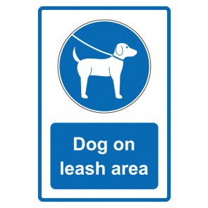 Schild Gebotszeichen Piktogramm & Text englisch · Dog on leash area · blau | selbstklebend (Gebotsschild)