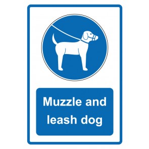 Schild Gebotzeichen Piktogramm & Text englisch · Muzzle and leash dog · blau
