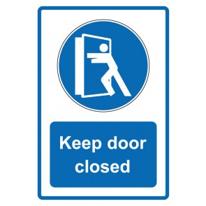 Schild Gebotzeichen Piktogramm & Text englisch · Keep door closed · blau (Gebotsschild)