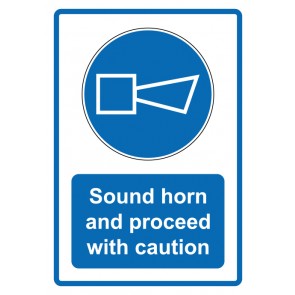Schild Gebotzeichen Piktogramm & Text englisch · Sound horn and proceed with caution · blau