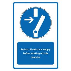 Aufkleber Gebotszeichen Piktogramm & Text englisch · Switch off electrical supply before working on this machine · blau | stark haftend (Gebotsaufkleber)