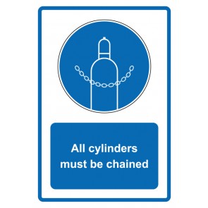 Schild Gebotzeichen Piktogramm & Text englisch · All cylinders must be chained · blau