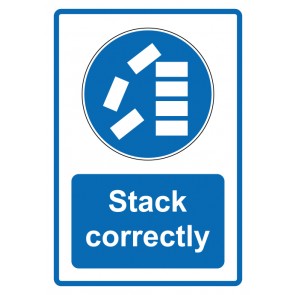 Aufkleber Gebotszeichen Piktogramm & Text englisch · Stack correctly · blau (Gebotsaufkleber)