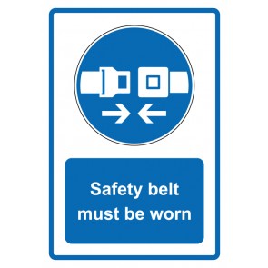 Aufkleber Gebotszeichen Piktogramm & Text englisch · Safety belt must be worn · blau | stark haftend (Gebotsaufkleber)