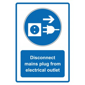 Schild Gebotzeichen Piktogramm & Text englisch · Disconnect mains plug from electrical outlet · blau (Gebotsschild)