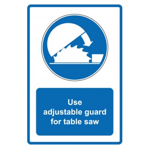 Schild Gebotzeichen Piktogramm & Text englisch · Use adjustable guard for table saw · blau