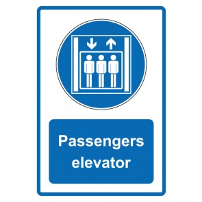 Schild Gebotzeichen Piktogramm & Text englisch · Passengers elevator · blau