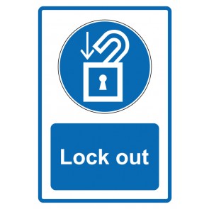 Schild Gebotszeichen Piktogramm & Text englisch · Lock out · blau | selbstklebend (Gebotsschild)